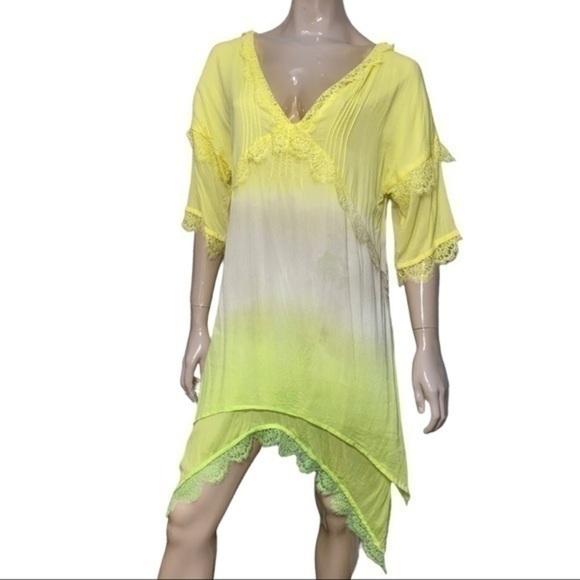 Pink Memories Women’s Size 42 L Yellow Green Tan Tie Dye Lace Trimmed Dress - Picture 3 of 8